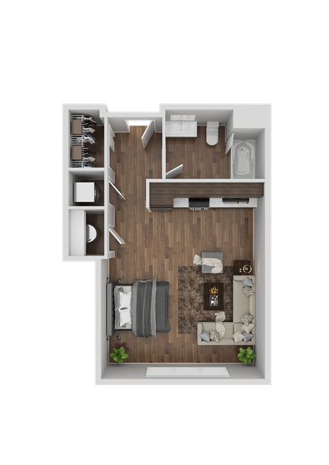 A top-down view of a small apartment layout with a kitchen, living room, and bedroom.